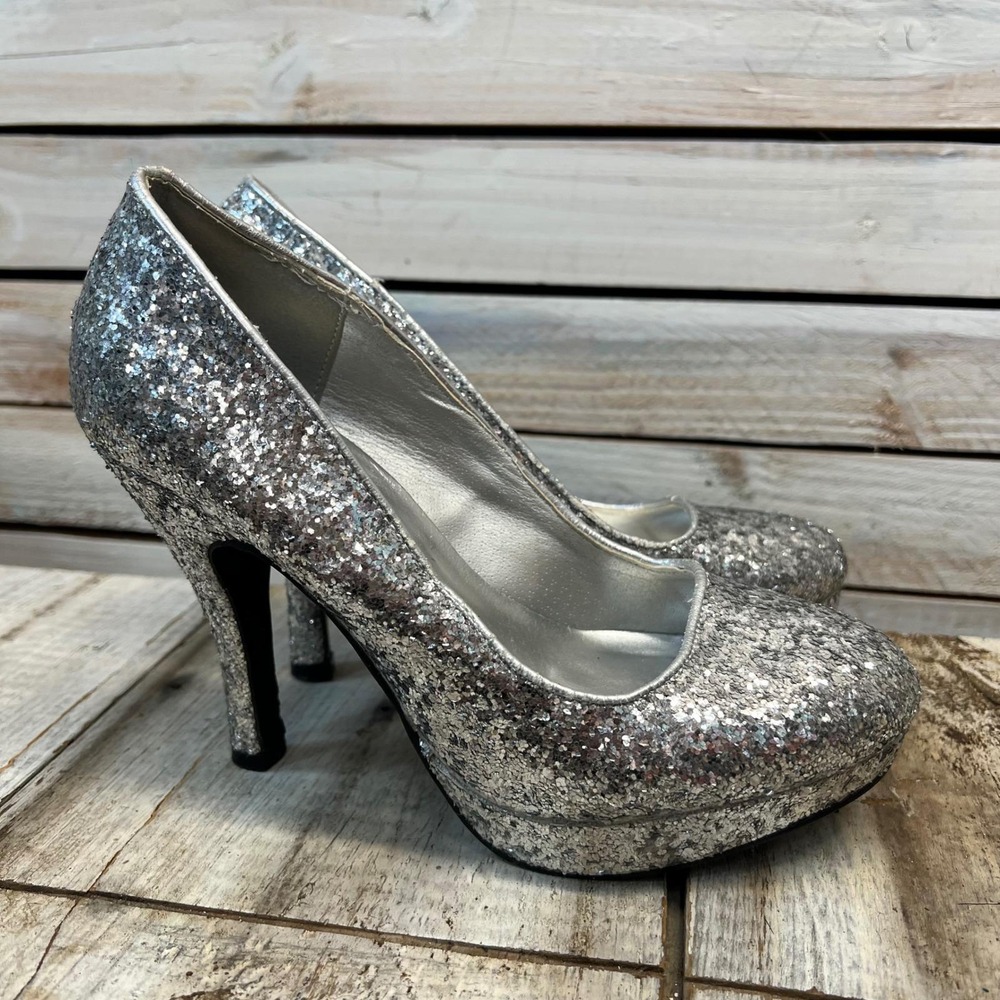 Deb Silver Glitter Platform Pumps Round‎ Toe Sparkly Party Heels Prom Size 7.5